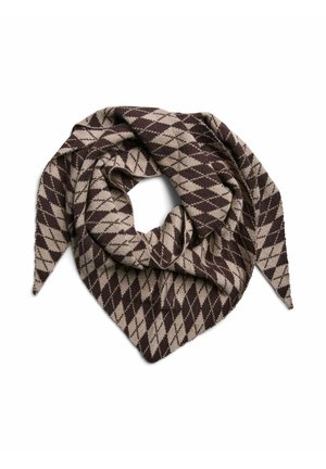 Écharpe triangulaire tricotée marron et beige, disposée en boucle, avec un motif répétitif de losanges et des pointes.