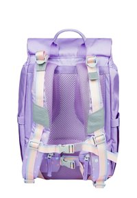Zaino viola con pannello posteriore in rete, spallacci regolabili e dettagli a pois pastello. Dotato di maniglia superiore e hardware resistente.
