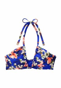 Top bikini floreale con uno sfondo blu vibrante, motivi di fiori rosa e bianchi, lacci regolabili e un design arricciato.