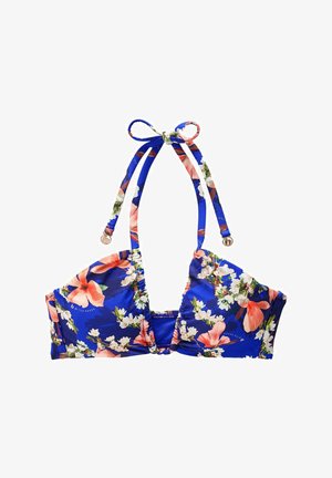 Blumiges Bikini-Oberteil mit einem lebhaften blauen Hintergrund, rosa und weißen Blumenmustern, verstellbaren Bändern und einem gerafften Design.