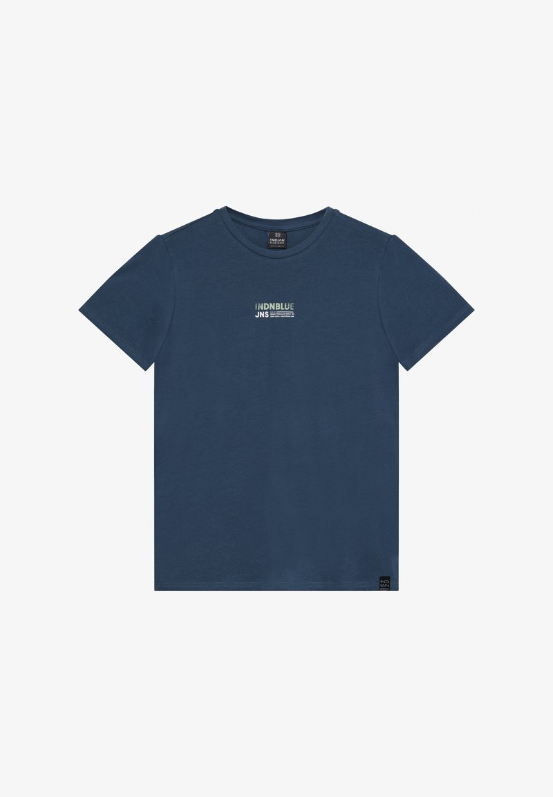 Marineblaues Baumwoll-T-Shirt mit kurzen Ärmeln, Rundhalsausschnitt und einem kleinen weißen und grünen Logo auf der Brust. Verfügt über ein Etikett unten links.