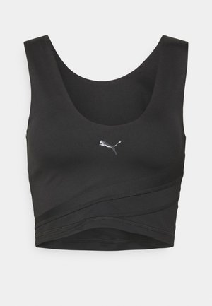 Haut court de sport noir avec larges bretelles, encolure dégagée et petit logo argenté centré sur la poitrine.