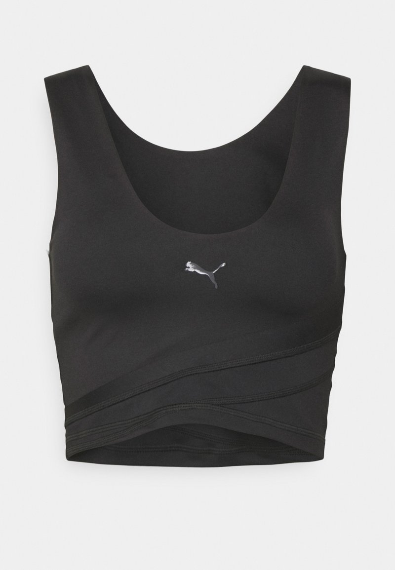 Haut court de sport noir avec larges bretelles, encolure dégagée et petit logo argenté centré sur la poitrine.