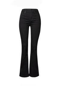Jeans noirs évasés avec une taille mi-haute, fabriqués en denim lisse. Présentent un design classique à cinq poches et des détails de couture subtils.