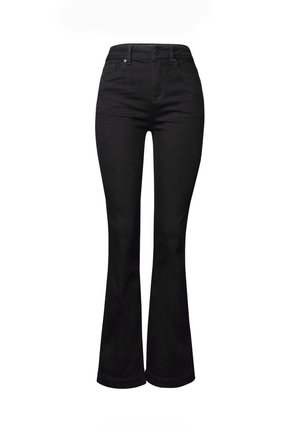 Black flared jeans with a mid-rise waistband, made of smooth denim. Features classic five-pocket design and subtle stitching details.