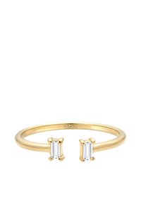 Gouden ring met twee rechthoekige heldere edelstenen, gezet in een eenvoudige band. Gladde hoogglansafwerking met zichtbare hallmarks.