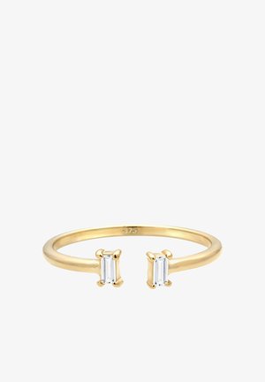 Goldring mit zwei rechteckigen, klaren Edelsteinen, die in einem schlichten Band eingesetzt sind. Glatte Hochglanz-Oberfläche mit sichtbarem Feingehalt-Stempel.