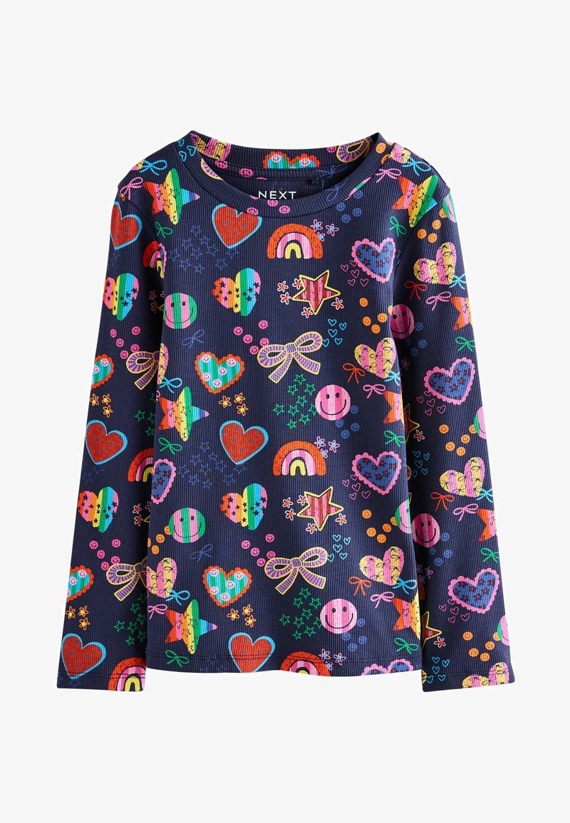 Navy blue long-sleeve shirt with colorful patterns of hearts, stars, rainbows, smiley faces, and bows.