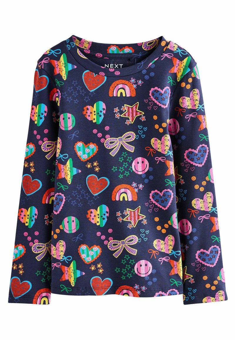 Maglietta a maniche lunghe blu navy con stampe colorate di cuori, stelle, arcobaleni e faccine sorridenti; realizzata in tessuto a coste con scollatura rotonda.