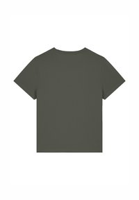 Olijfgroen t-shirt met korte mouwen, gemaakt van zacht katoen, met een klassiek ontwerp, een ronde hals en een soepele textuur.
