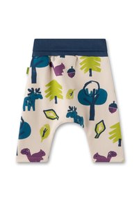 Hellbeige Hosen mit einem dunkelblauen Bund, verziert mit bunten Tier- und Baummustern in Grün, Blau und Lila. Weicher, dehnbarer Stoff.