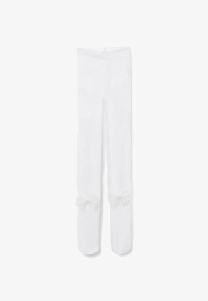 Weiße Leggings aus weichem Stoff, verziert mit zwei dekorativen Schleifen an den Knien. Schlichtes, gerades Design mit glatter Textur.