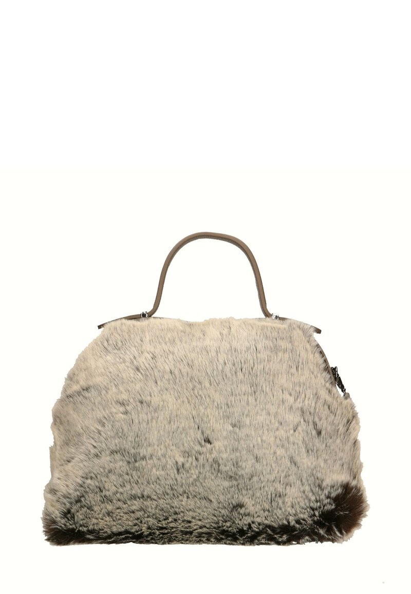 Borsa in pelliccia sintetica grigio chiaro con una texture morbida, dotata di una robusta maniglia color beige e una chiusura a zip per una conservazione sicura.