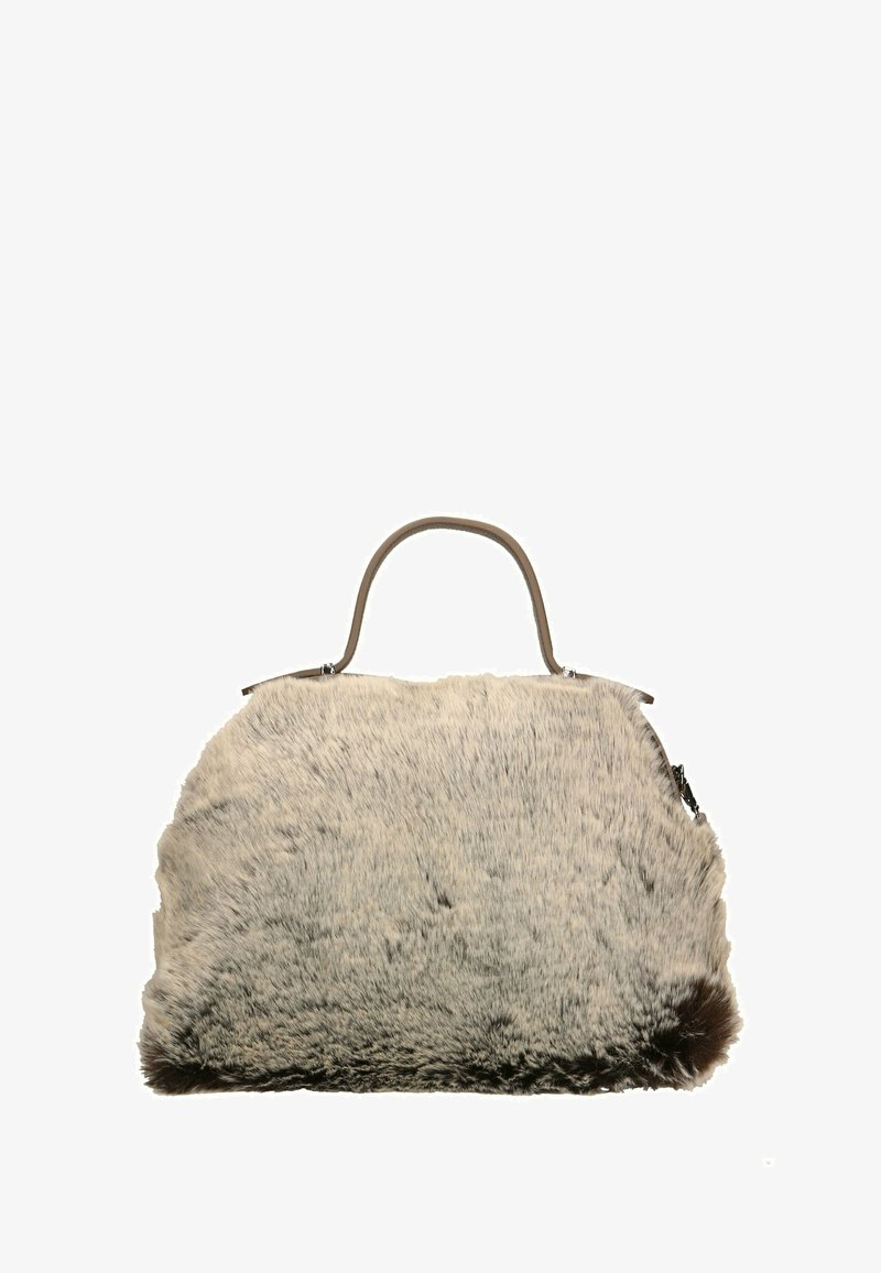 Nepbont tas in lichtgrijs met een zachte textuur, voorzien van een stevige tan handle en een ritsluiting voor veilige opslag.