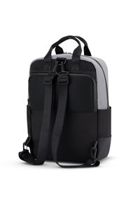 Backpack in black and gray, features padded top handle, adjustable straps, two front pockets, and a textured design on the fabric.