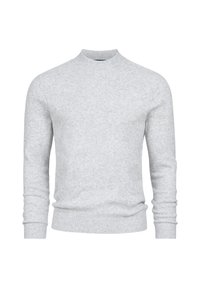 Maglione grigio chiaro a maglia, colletto rotondo, maniche lunghe, polsini e orlo a costine, texture liscia, design minimalista.