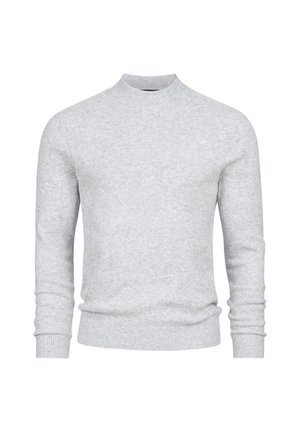 Lys grå strikkegenser, rund hals, lange ermer, ribbestrikkede mansjetter og hem, glatt tekstur, minimalistisk design.