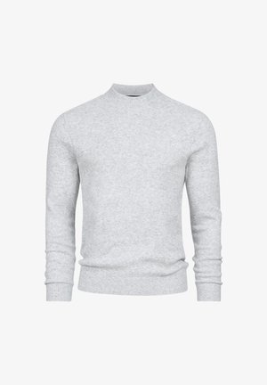 Jasnoszary sweter dzianinowy, okrągły dekolt, długie rękawy, ściągacze przy mankietach i u dołu, gładka tekstura, minimalistyczny design.