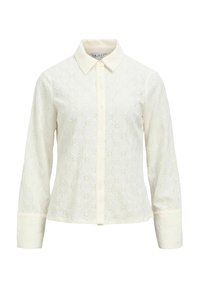 Camicia bianca a maniche lunghe con bottoni, decorata con un motivo in pizzo a fiori, colletto appuntito e polsini ampi.