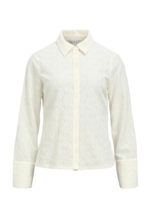Chemisier blanc à manches longues, à boutons, avec un motif en dentelle à écorce florale, un col pointu et des poignets larges.