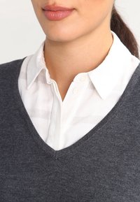 Maglione grigio a V realizzato in morbido tessuto a maglia, indossato sopra una camicia bianca con colletto a righe sottili, con dettagli di bottoni.