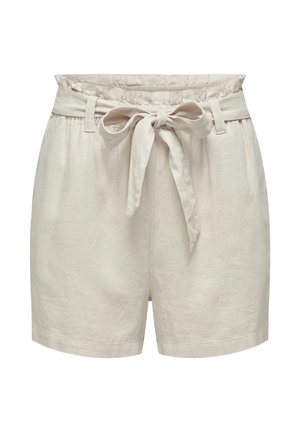 Shorts en tissu beige à taille haute avec ceinture élastique et nœud de ceinture noué à l'avant, conçus pour un usage décontracté.