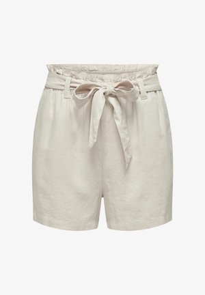 Shorts en tissu beige à taille haute avec ceinture élastique et nœud de ceinture noué à l'avant, conçus pour un usage décontracté.
