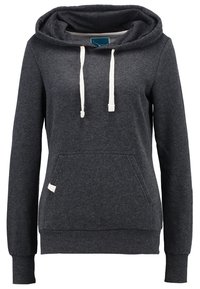 Sweatshirt gris foncé avec une grande capuche, des cordons blancs, une poche avant et des poignets côtelés. Confectionné dans un tissu doux et texturé.