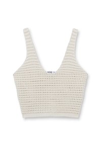 Bralette de ganchillo con un escote en V profundo, de color blanco, textura acanalada, tirantes anchos y dobladillo ajustado. Diseño simple y transpirable.