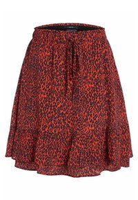 Punainen leopardi-kuvioinen hame, jossa on kerroksellinen muotoilu, joustava vyötärö ja säädettävä sitominen mukavan istuvuuden varmistamiseksi. Kevyt kangas, jossa on virtaava rakenne.