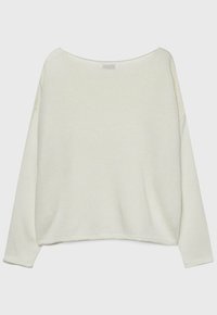 Hellbeige, locker sitzender Pullover aus strukturiertem Strickstoff, mit einem weiten Halsausschnitt und langen, entspannten Ärmeln.