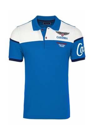 Blauw-wit poloshirt met kraag, "CARISMA" vleugel-embleem, tekst "East to West Racing Team" en grote "Ca" print op de mouw.
