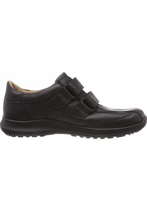 Black leather shoes with a round toe, featuring double Velcro straps, textured rubber sole, and a smooth finish on the upper body.
