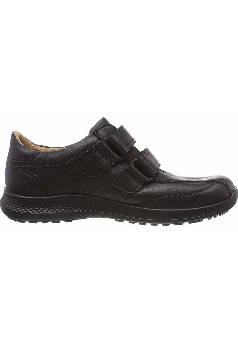 Chaussures en cuir noir à bout rond, dotées de deux sangles Velcro, d'une semelle en caoutchouc texturé et d'une finition lisse sur la tige.