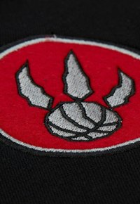Schwarzer Stoff mit einem runden roten Patch, der ein silbernes, gesticktes Klaudesign und Details aufweist, umrissen in Schwarz.