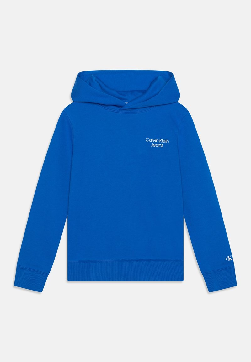 Sudadera azul de algodón, con un bolsillo canguro, puños acanalados y logo bordado "Calvin Klein Jeans" en el pecho.