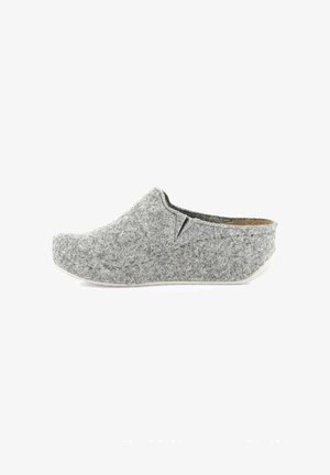 Zoccolo slip-on in feltro grigio chiaro con parte posteriore bassa e suola bianca, progettato per il comfort interno e una facile calzata.
