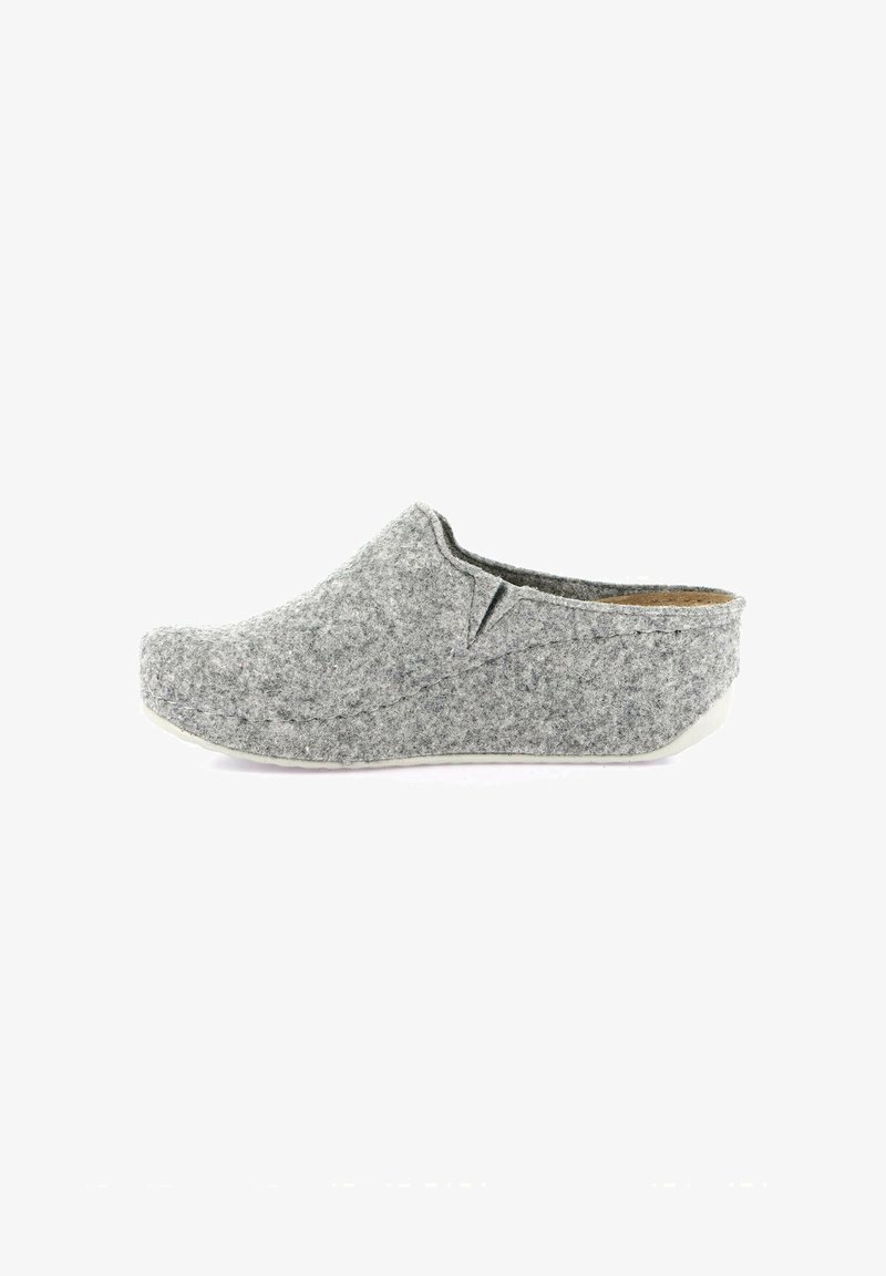 Zoccolo slip-on in feltro grigio chiaro con parte posteriore bassa e suola bianca, progettato per il comfort interno e una facile calzata.