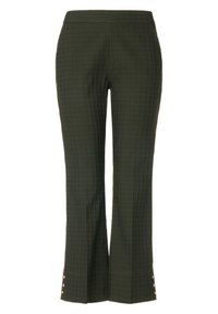 Gröna rutiga byxor med en skräddarsydd midja, utsvängd ben och guldknappsdetaljer vid fållen. Tillverkade av slät, texturerad tyg.