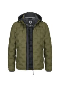 Padded Jacke in olivgrün mit abnehmbarer schwarzer Innenauskleidung. Verfügt über eine Kapuze, einen Reißverschluss, zwei Seitentaschen und strukturierte Paneele.