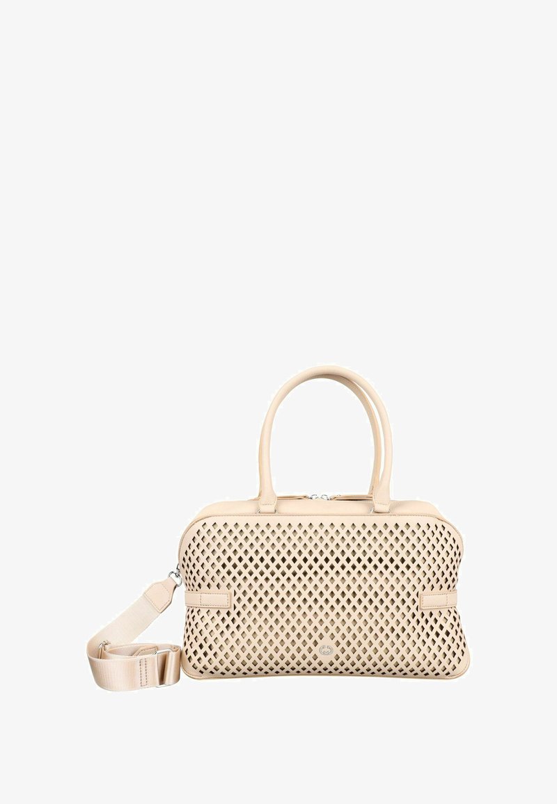 Sac à main beige avec un motif en treillis perforé, double anses, bandoulière amovible, fermeture à glissière et texture lisse. Détails en cuir.