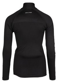 Zwarte sportshirt met lange mouwen en hoge kraag, gemaakt van soepel, rekbaar materiaal; met de tekst "GORILLA WEAR" op de achterkant.