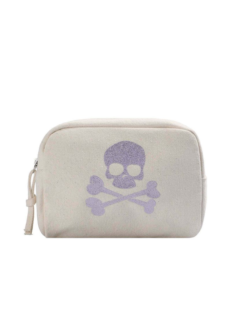Borsetta cosmetica in tela beige chiaro con design di teschio e ossa incrociate in glitter viola. Presenta una chiusura con zip e un tirazip.