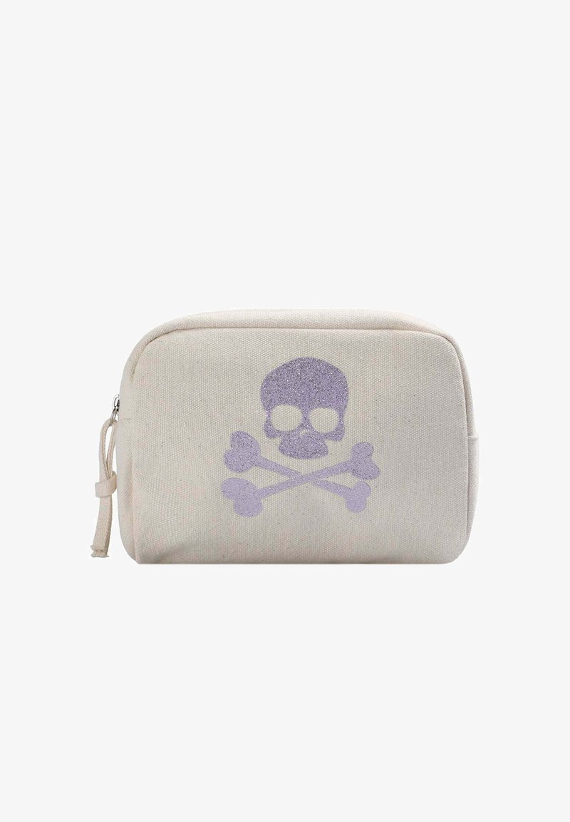 Pochette cosmétique en toile beige clair avec un design de tête de mort et d'os croisés en paillettes violettes. Comprend une fermeture éclair et un tirette.
