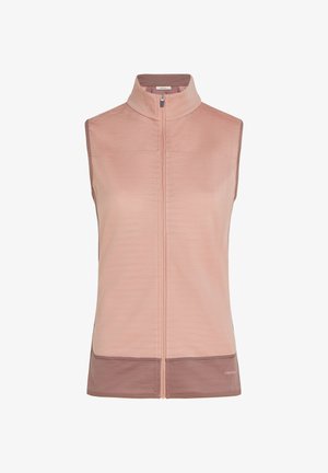 Sleeveless pink zip-up vest with high collar and contrasting darker pink hem and side panels, made from textured fabric.