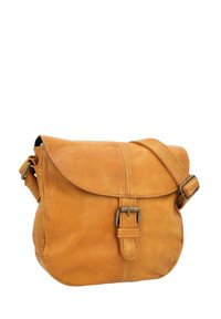 Hellbraune Leder-Crossbody-Tasche mit Klappenverschluss, metallischem Schnallendetail und verstellbarem Riemen. Weiche Textur mit dezenter natürlicher Maserung.