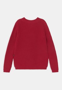 Maglione rosso lavorato a maglia con scollatura rotonda e maniche lunghe. Presenta un motivo testurizzato e polsini e orlo a coste per una vestibilità aderente.