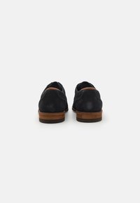 Scarpe in suede blu navy con finitura liscia, caratterizzate da dettagli in pelle marrone e un tacco di legno, viste da dietro.