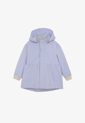 Veste lilas avec capuche, dotée d'une taille cintrée, de poches latérales et d'accents crème aux poignets et à la doublure intérieure.