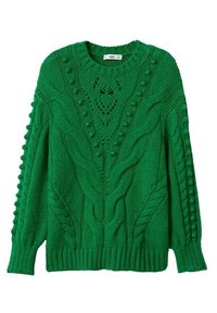 Groene gebreide trui met een kabelpatroon, voorzien van textuurdetails, geribbelde manchetten en een ronde hals. Dikke en warme stof.